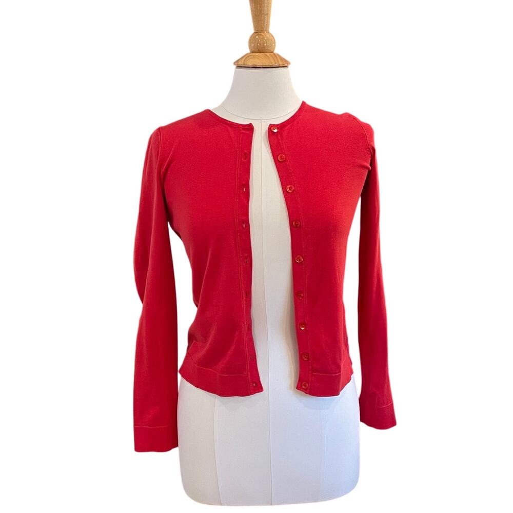 August Silk Silk Blend Red Crew Neck Long Sleeve Cardigan Sweater, Size S